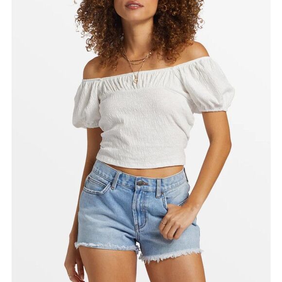 Billabong Flirt‎ On Cropped Top Size Medium M White Off The Shoulder Crinkle NWT - Picture 1 of 12